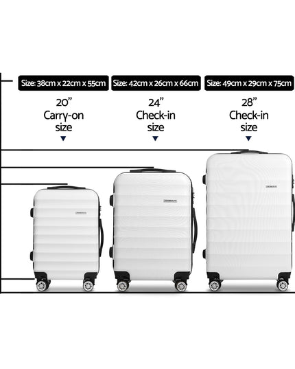 Wanderlite 3pcs Luggage Trolley Travel Suitcase Set TSA Hard Shell Case Strap White