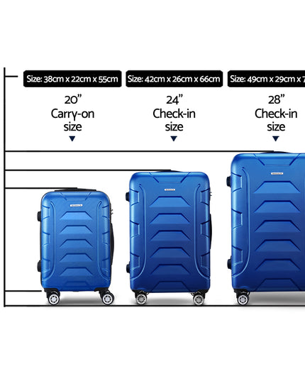 Wanderlite 3pc Luggage Trolley Travel Suitcase Set TSA Hard Shell Case Strap Blue