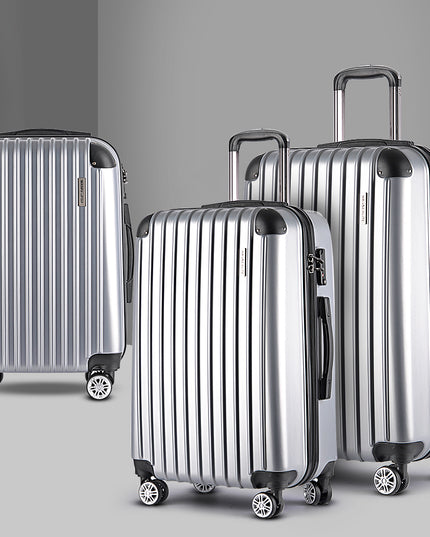 Wanderlite 3pc Luggage Trolley Travel Set Suitcase Carry On TSA Lock Hard Case Lightweight Silver