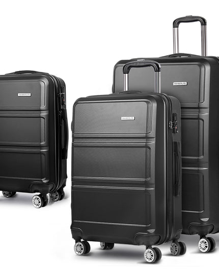 Wanderlite 3pc Luggage Trolley Set Suitcase Travel TSA Carry On Hard Case Lightweight Black