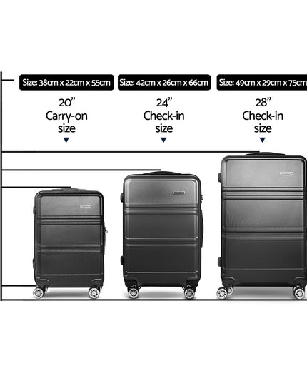 Wanderlite 3pc Luggage Trolley Set Suitcase Travel TSA Carry On Hard Case Lightweight Black