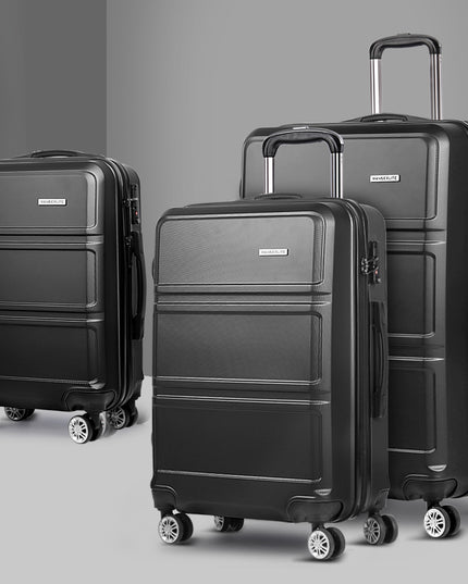 Wanderlite 3pc Luggage Trolley Set Suitcase Travel TSA Carry On Hard Case Lightweight Black