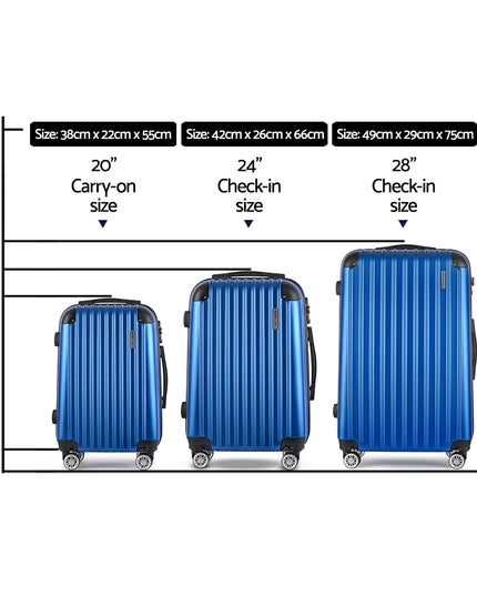 Wanderlite 3pcs LuggageTrolley Set Travel Suitcase Storage Organiser Carry On Hard Case TSA Lightweight Blue