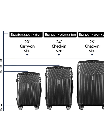 Wanderlite 3pc Luggage Trolley Set Suitcase Travel TSA Hard Case Carry On Black Lightweight