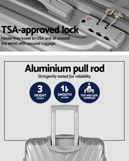 Wanderlite 3pc Luggage Trolley Set Suitcase Travel TSA Hard Case Carry On Silver Lightweight