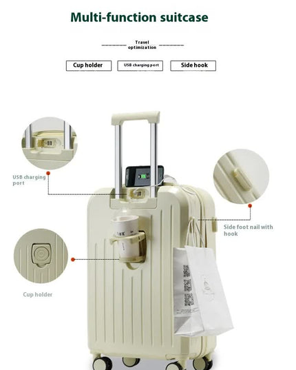 Smart Carry-On Luggage with Cup Holder & USB Charging Port - White Color Spinner Suitcase for Travel Convenience  20 inch