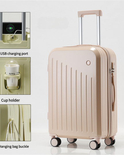 Smart Carry-On Luggage with Cup Holder & USB Charging Port - Pink Color Spinner Suitcase for Travel Convenience  20 inch