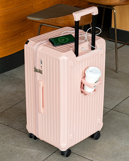 Smart Hard-Shell Luggage with USB Charging Port & Cup Holder - 24"Spinner Suitcase in Pink