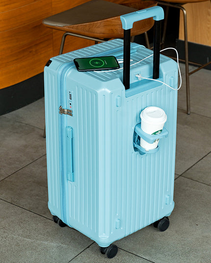 Smart Hard-Shell Luggage with USB Charging Port & Cup Holder - 24"Spinner Suitcase in Blue